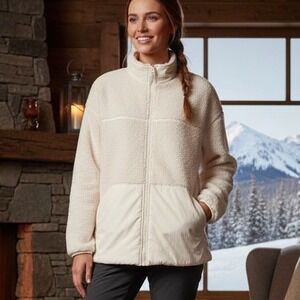 Adidas Womens Sherpa Fleece Full Zip Jacket Cream White Teddy Coat XL